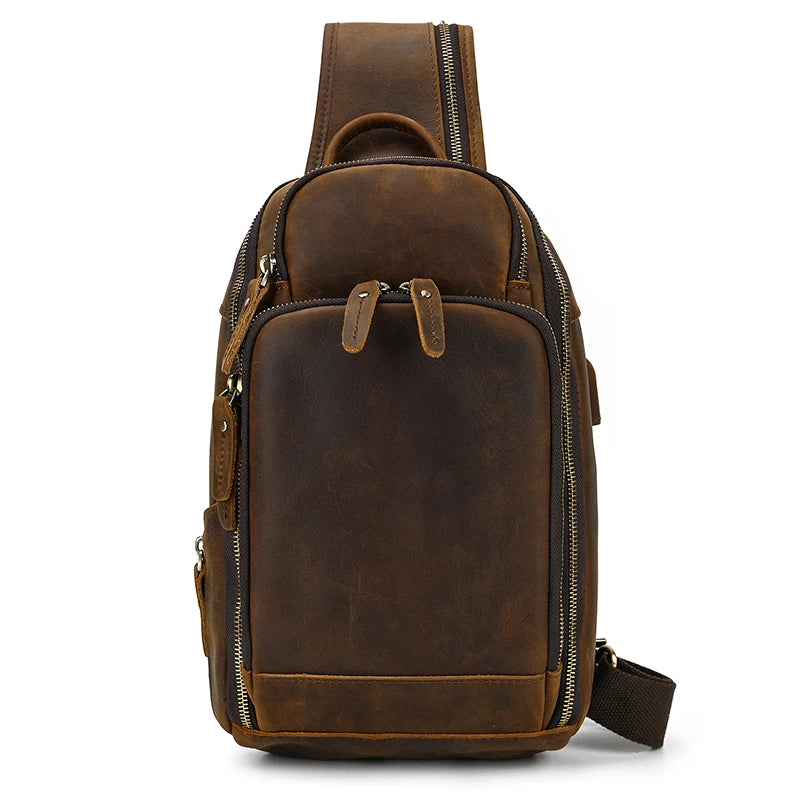 Leather Chest Bag Usb Charging